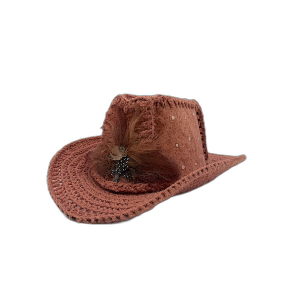 Crochet Cowgirl Cowboy Hat Handmade Apricot Orange Feather Granny Western